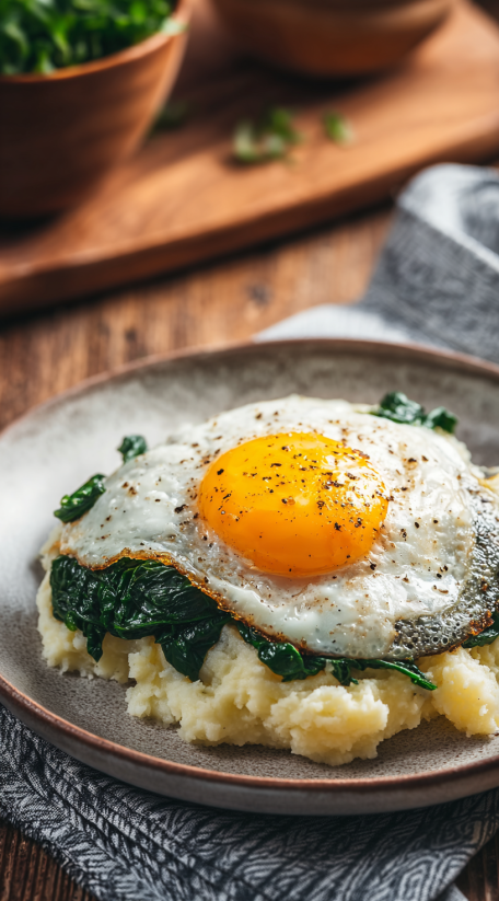 A fried egg on top of a creamed spinach dish.