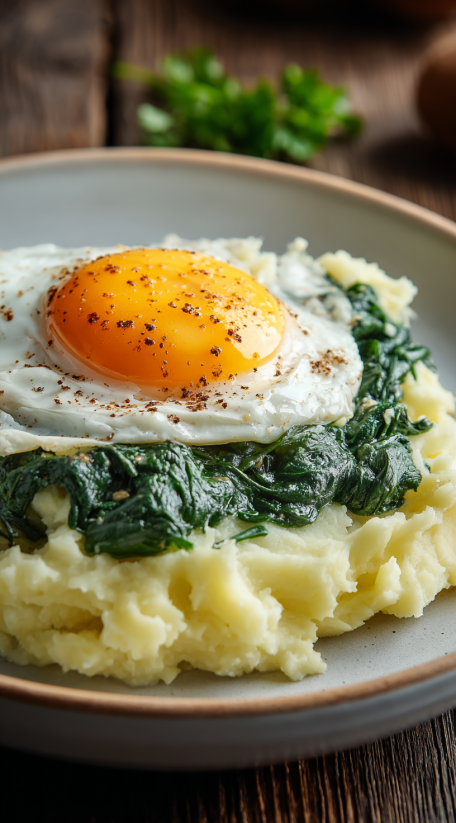 A fried egg with spinach on top.