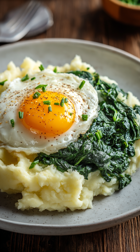 A fried egg on top of a creamed spinach dish.