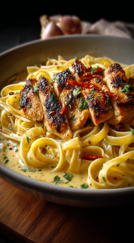 A bowl of Cajun chicken with mozzarella sauce.