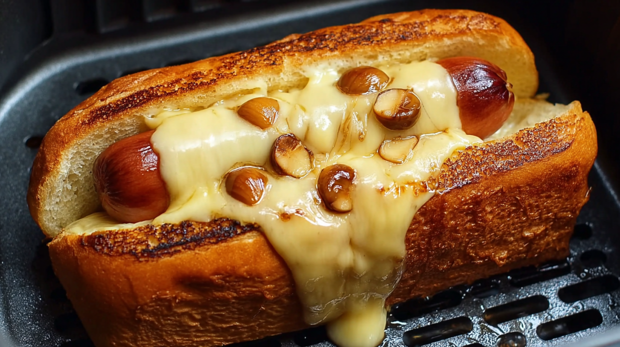 A hot dog with cheese and nuts on it.
