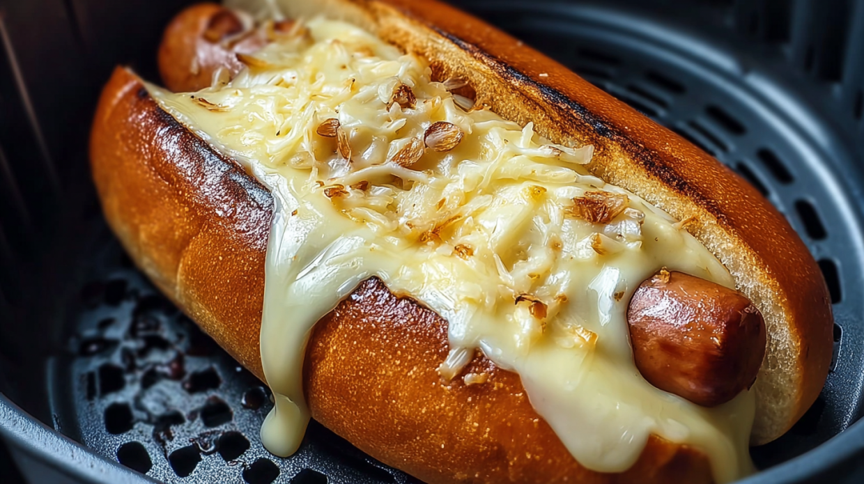 A hot dog with cheese and onions in an air fryer.