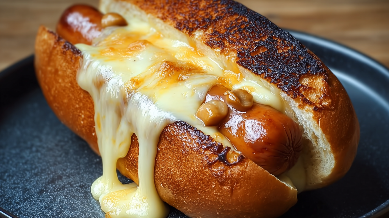 A hot dog with cheese and nuts on it.