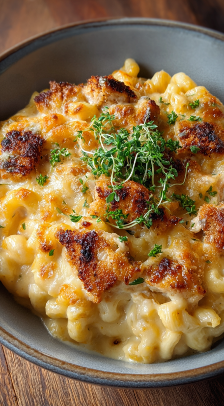 A bowl of queso mac and cheese with chicken.