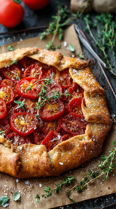A galette with tomatoes and herbs on top.