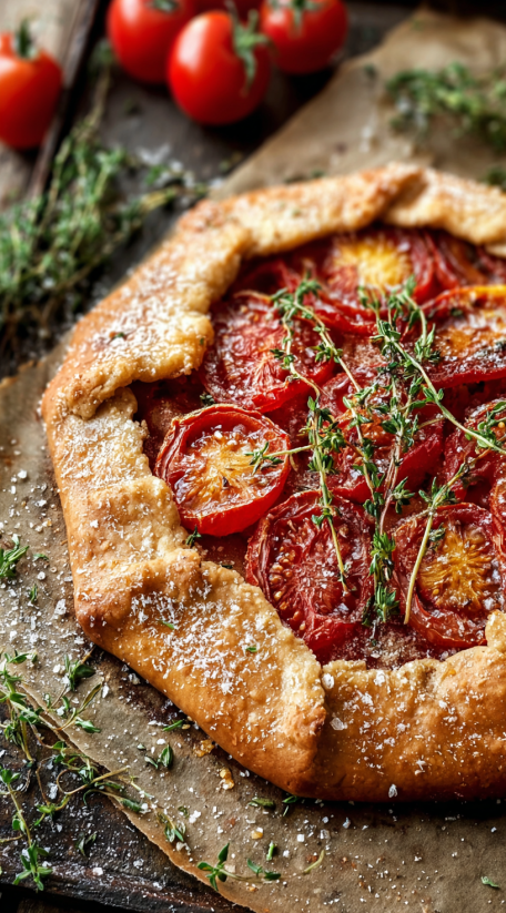 A galette with tomatoes and herbs on top.