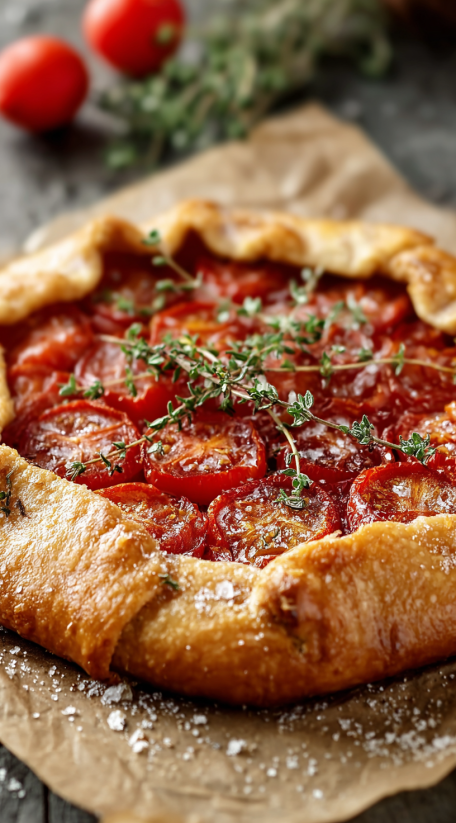 A close up of a tomato galette with herbs on top.