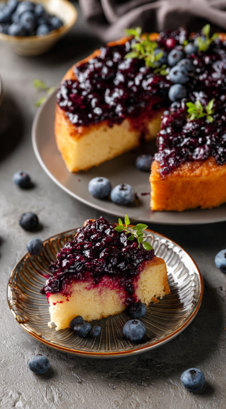 A slice of black currant cake on a plate.