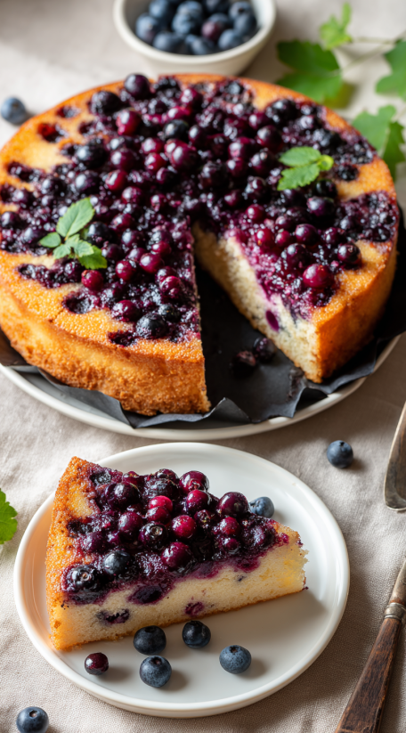 A slice of black currant cake on a plate.