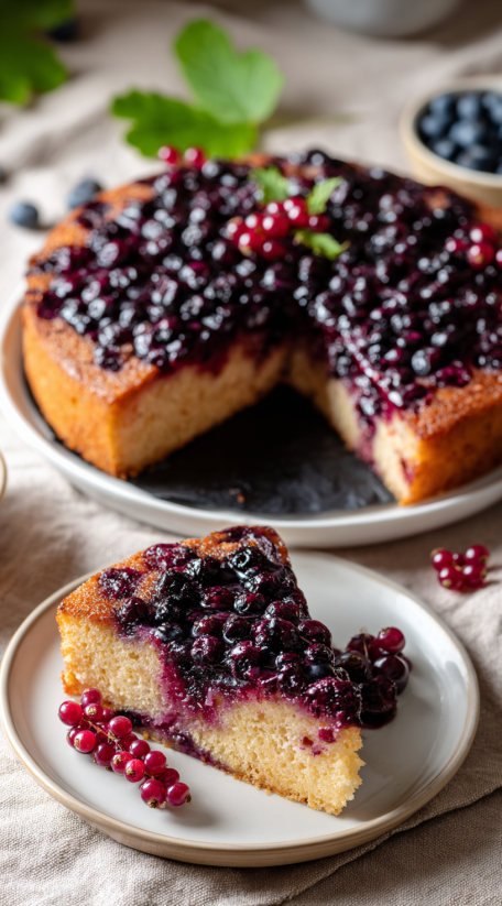 A slice of black currant cake on a plate.