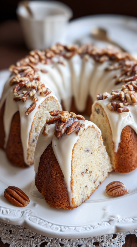 A slice of pecan pound cake.