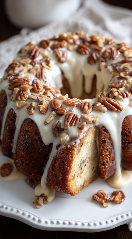 A slice of pecan pound cake with white icing.