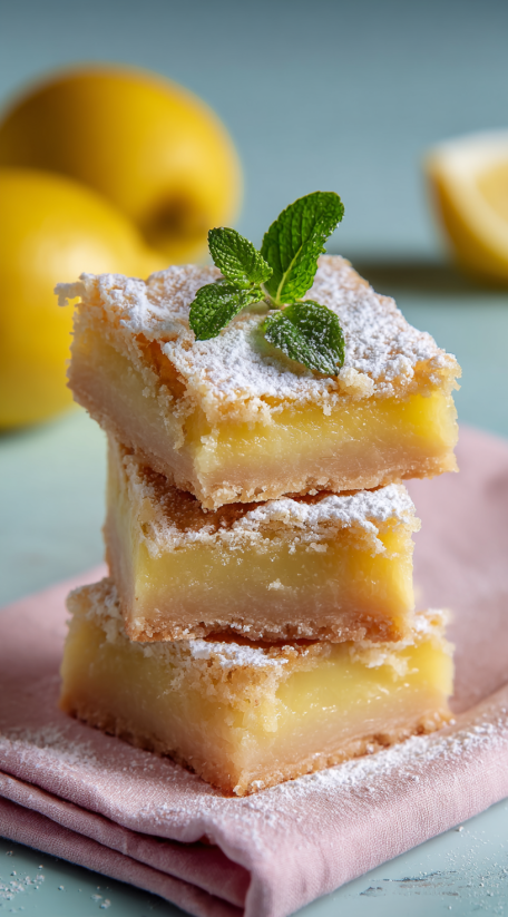 Three lemon bars stacked on a plate.