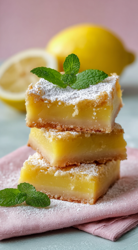 Three lemon bars with powdered sugar on top.