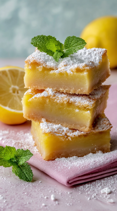 Three lemon bars with powdered sugar on top.
