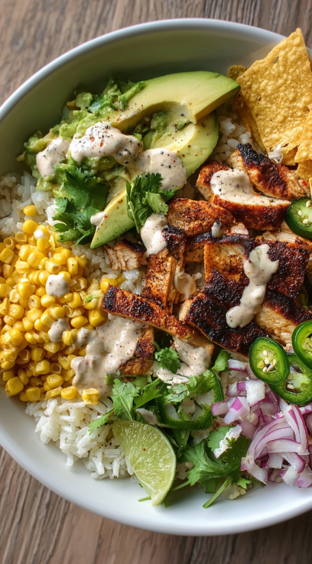 A Mexican street corn chicken bowl with rice, chicken, avocado, and jalapenos.