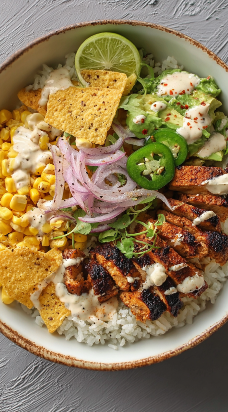 A Mexican street corn chicken bowl.