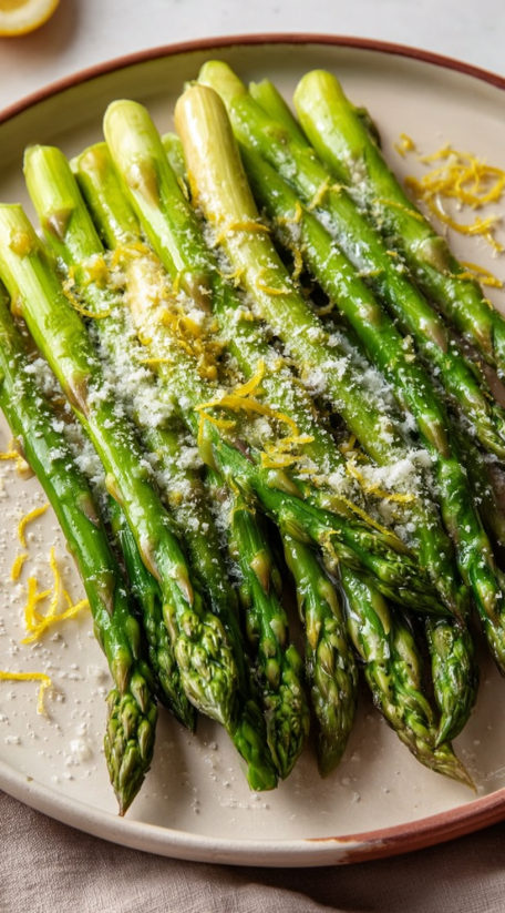 Green asparagus salad with cheese and lemon.
