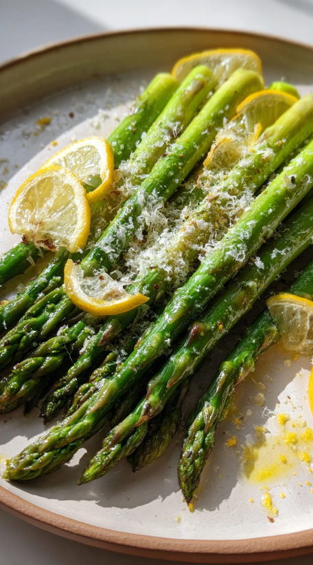 Green asparagus salad with lemon and parmesan cheese.