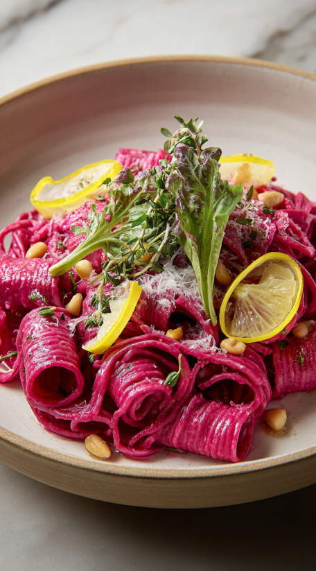 A dish of creamy beet pasta with a lemon wedge on top.