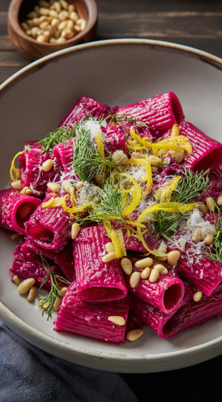 A bowl of pasta with beets and nuts.