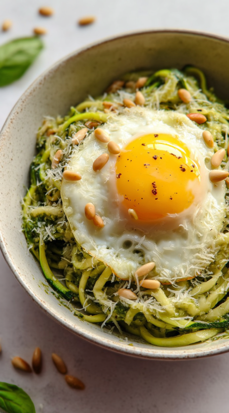 A bowl of zucchini noodles with a fried egg on top.