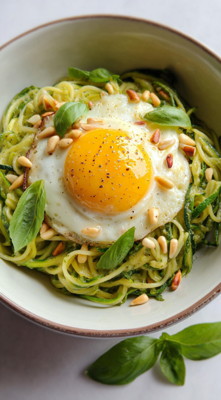 A bowl of zoodles with a fried egg on top.