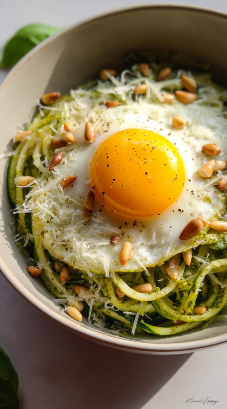 A bowl of zucchini noodles with a fried egg on top.