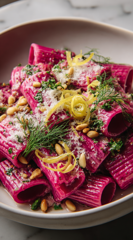 A plate of pasta with yellow onions and pink sauce.