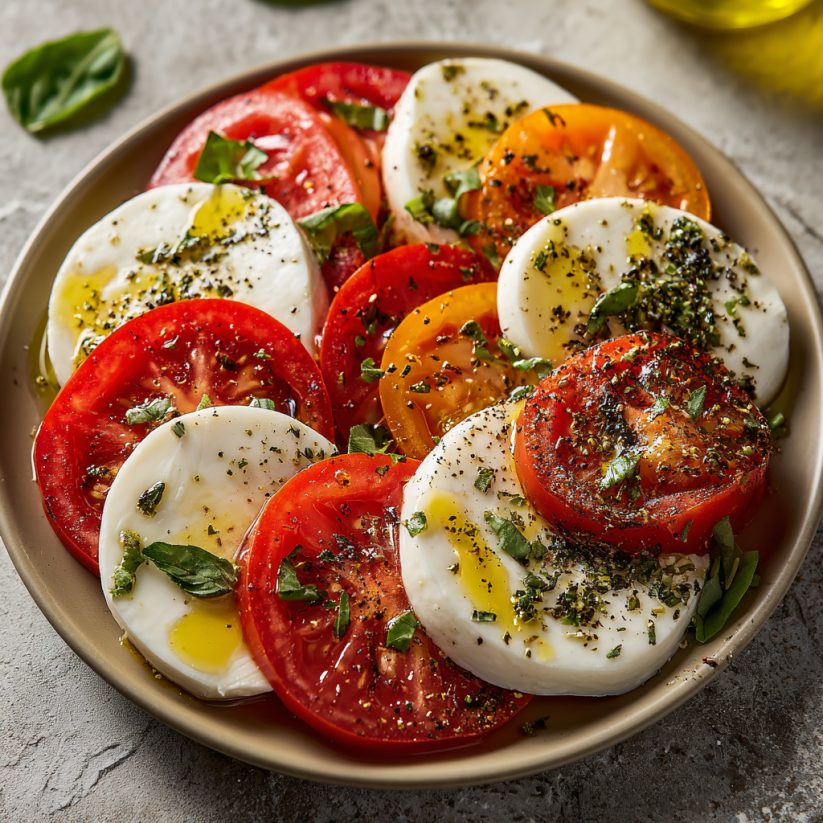 A bowl of Caprese salad with tomatoes and cheese.