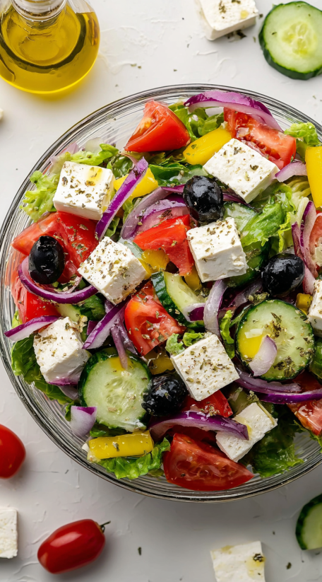 A Greek salad with tomatoes, cucumbers, onions, olives, and feta cheese.