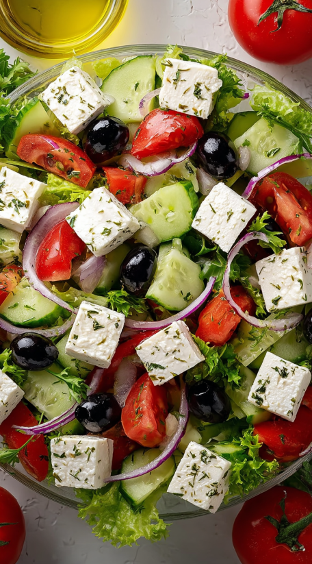 A Greek salad with tomatoes, cucumbers, olives, and feta cheese.
