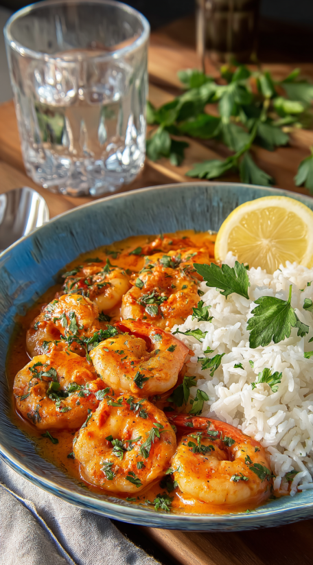 A bowl of shrimp with spicy vodka sauce.