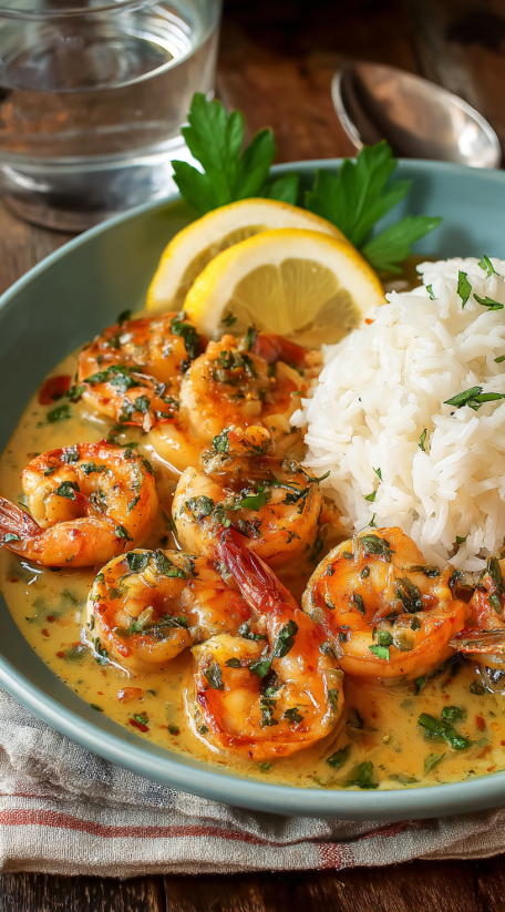 A bowl of shrimp with spicy vodka sauce.