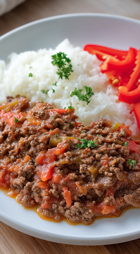 A plate of ground beef goulash with rice and peppers.