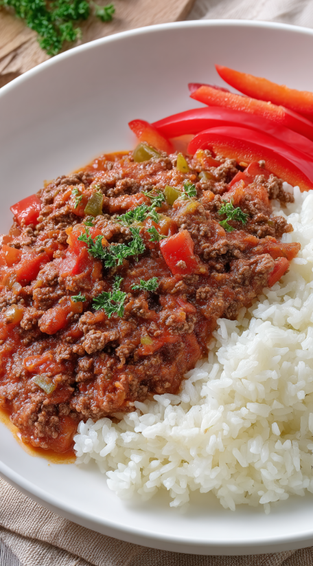 A plate of ground beef goulash with rice.