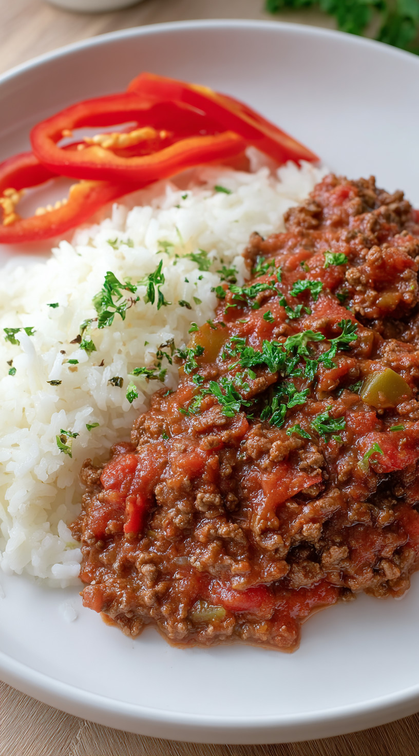 A plate of ground beef goulash with rice.