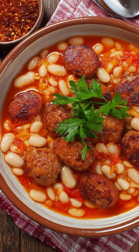 A bowl of food with meatballs and beans.