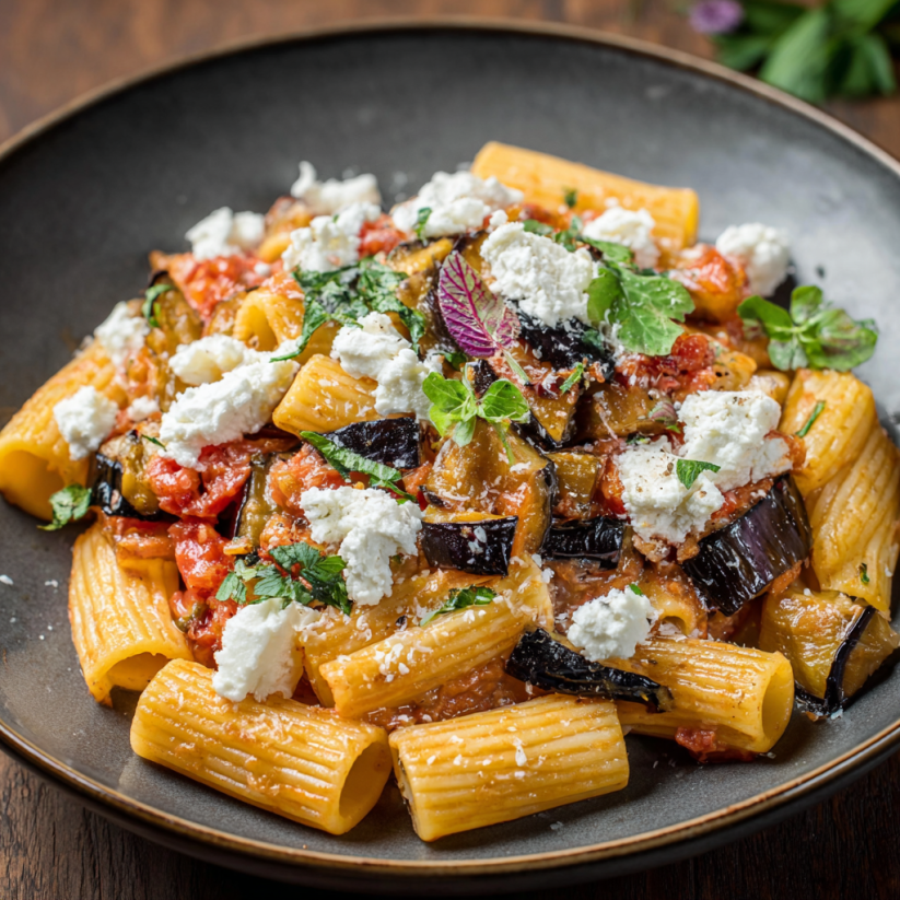 A plate of pasta alla norma.