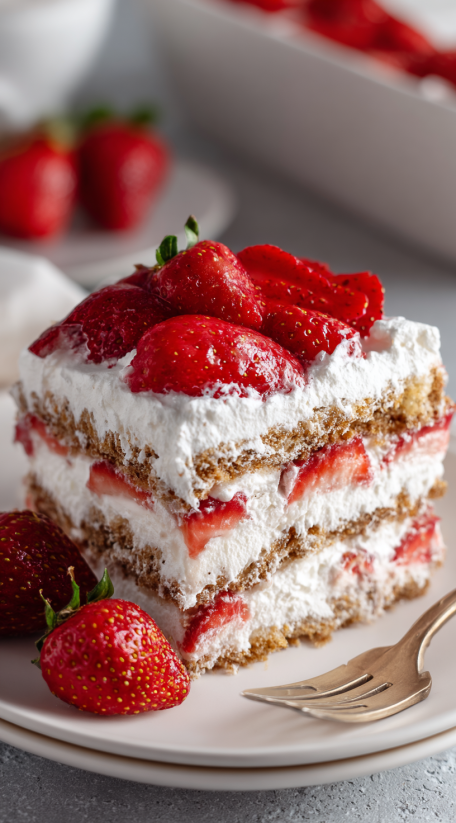 A slice of strawberry icebox cake.