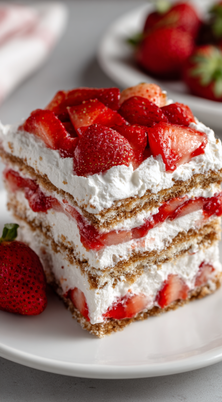 A slice of strawberry icebox cake.