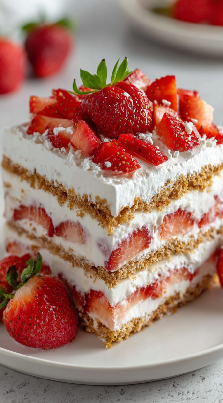 A slice of strawberry icebox cake.