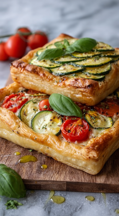 A close up of a vegetable tart with tomatoes, zucchini, and basil.