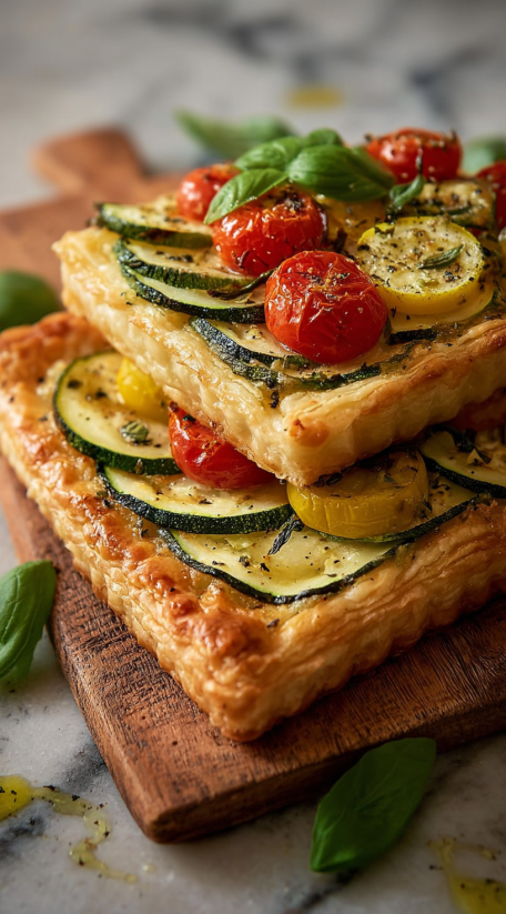 A stack of three summer vegetable tarts.