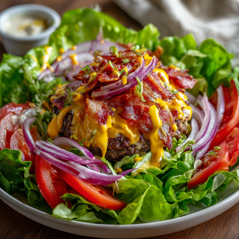 A cheeseburger salad with lettuce, tomatoes, and bacon.