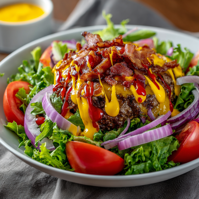 A cheeseburger salad with lettuce, tomatoes, and bacon.