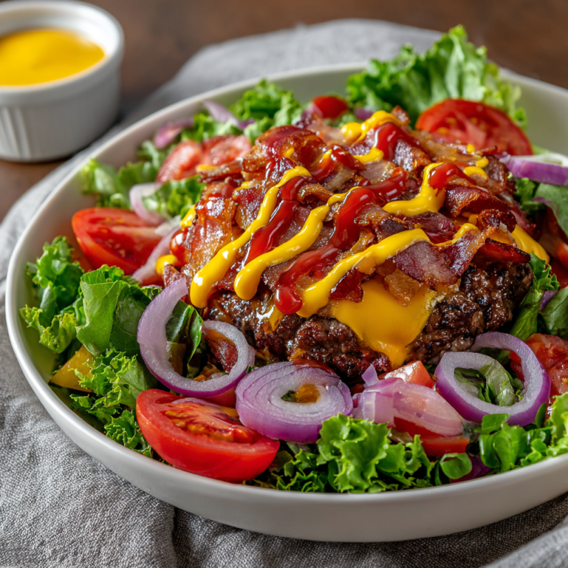 A cheeseburger salad with tomatoes, lettuce, and bacon.