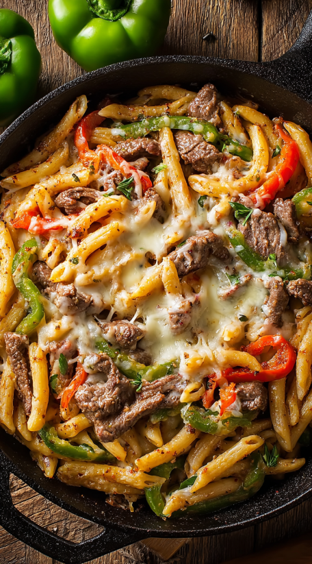 A close up of a delicious Philly Cheesesteak Pasta.