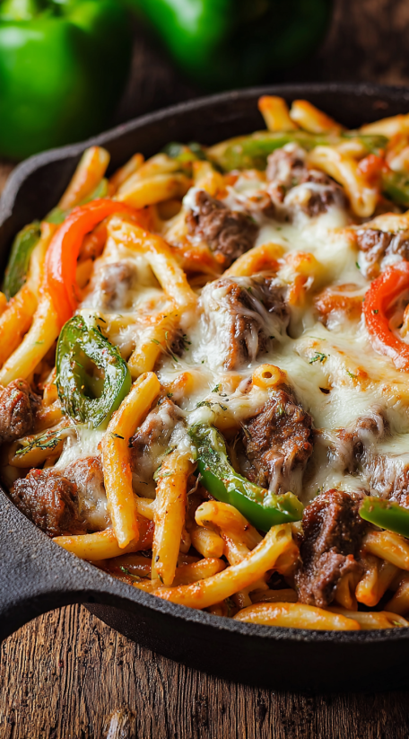 A close up of a delicious Philly Cheesesteak Pasta.