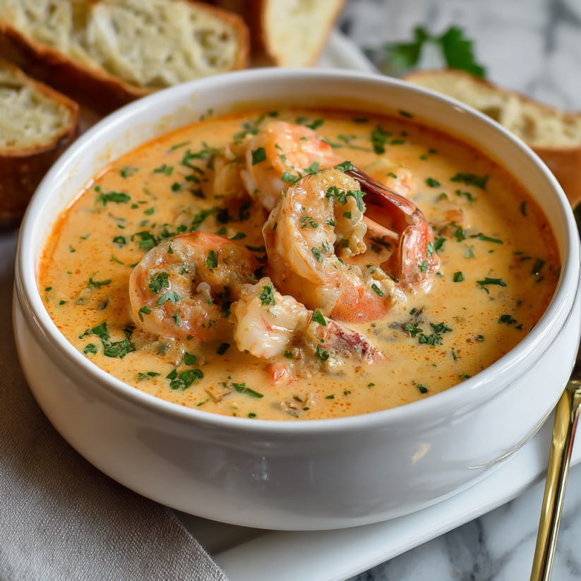 A bowl of shrimp and crab bisque.